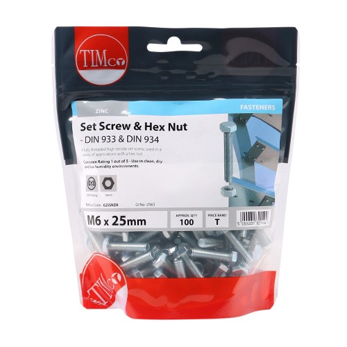 TIMCO Set Screws & Hex Nuts - Grade 8.8 - Zinc M6 x 25mm (100)