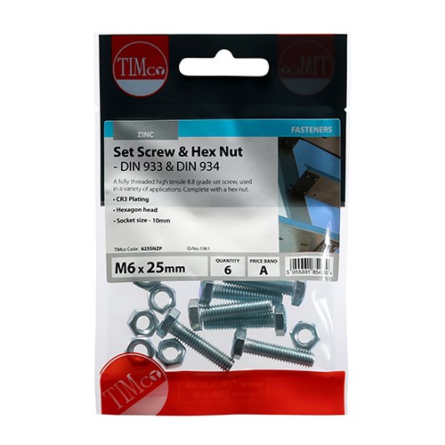 TIMCO Set Screws & Hex Nuts - Grade 8.8 - Zinc M6 x 25mm (6 Pack)