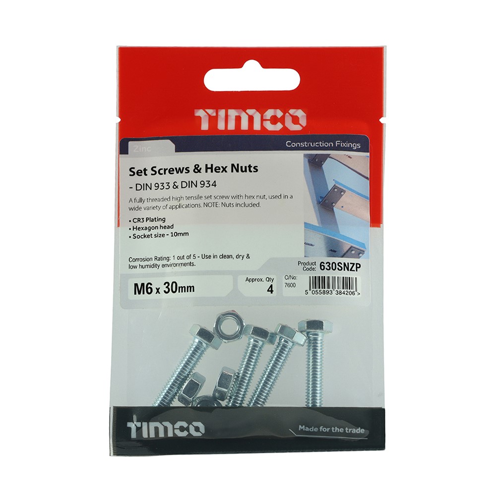 TIMCO Set Screws & Hex Nuts - Grade 8.8 - Zinc M6 x 30mm (4 Pack)