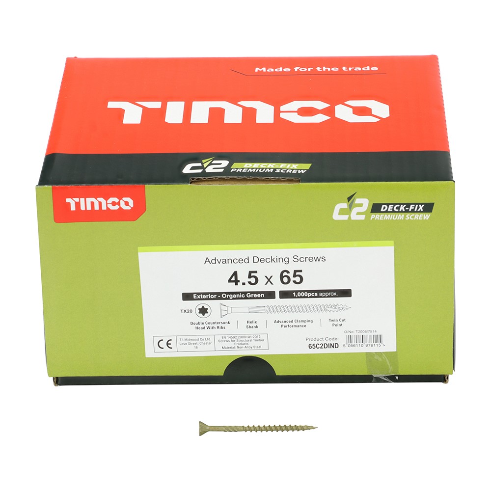 TIMCO C2 Deck-Fix Premium Decking Screws - TX - Countersunk - Exterior - Green 4.5 x 65mm (1000 Pack)