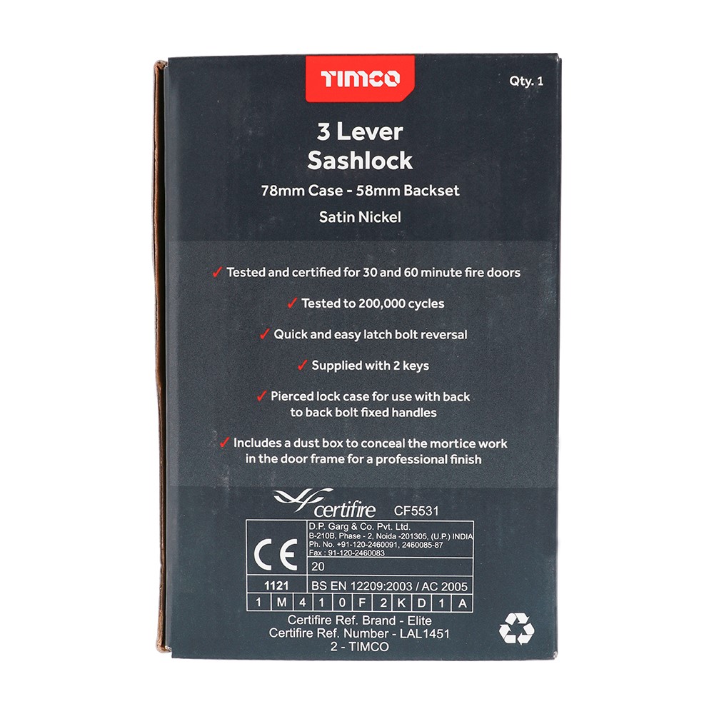 TIMCO 3 Lever Sashlock - Satin Nickel 78mm Case / 58mm Backset