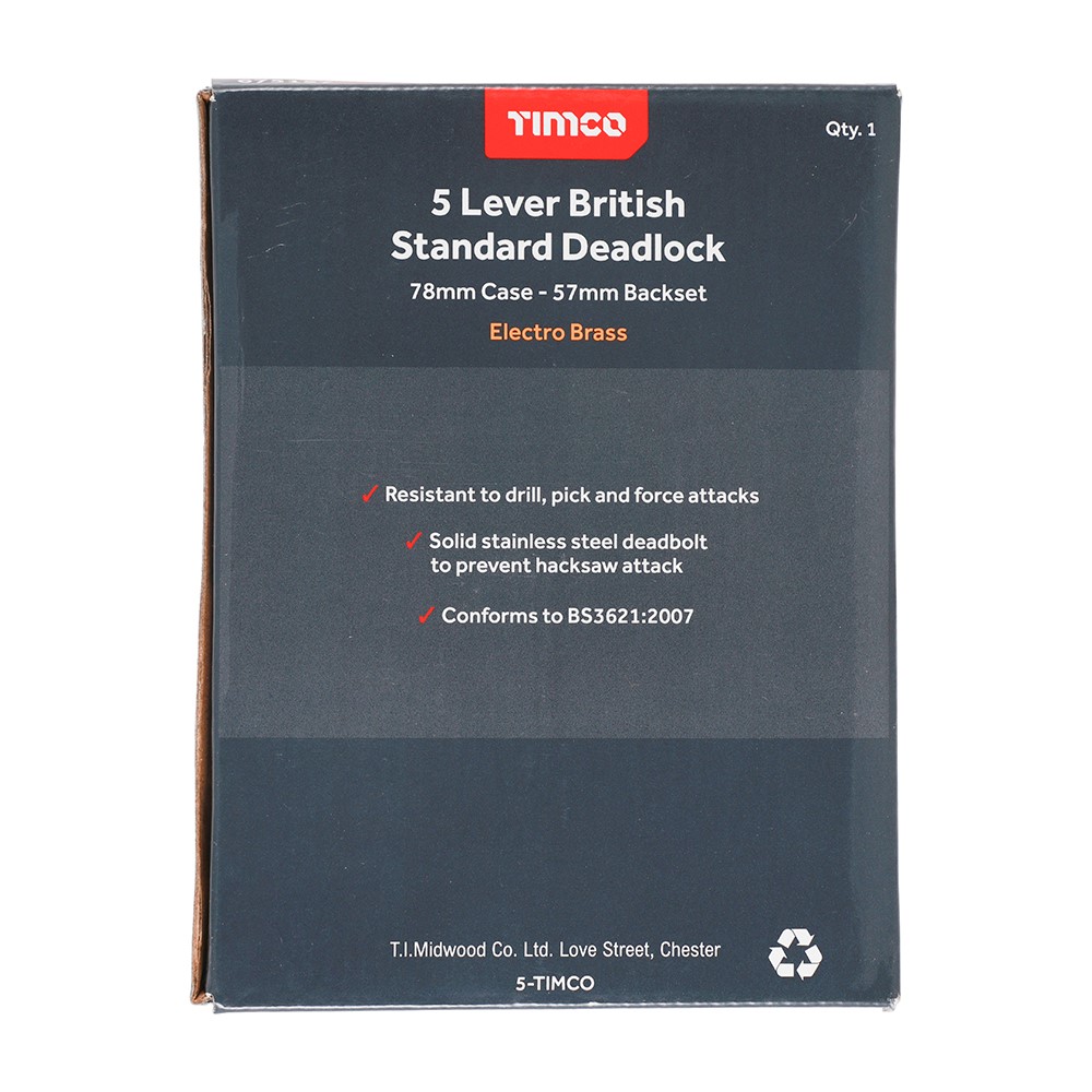 TIMCO 5 Lever British Standard Deadlock - Electro Brass 78mm Case / 57mm Backset