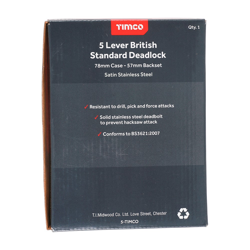 TIMCO 5 Lever British Standard Deadlock - Stainless Steel - Satin 78mm Case / 57mm Backset