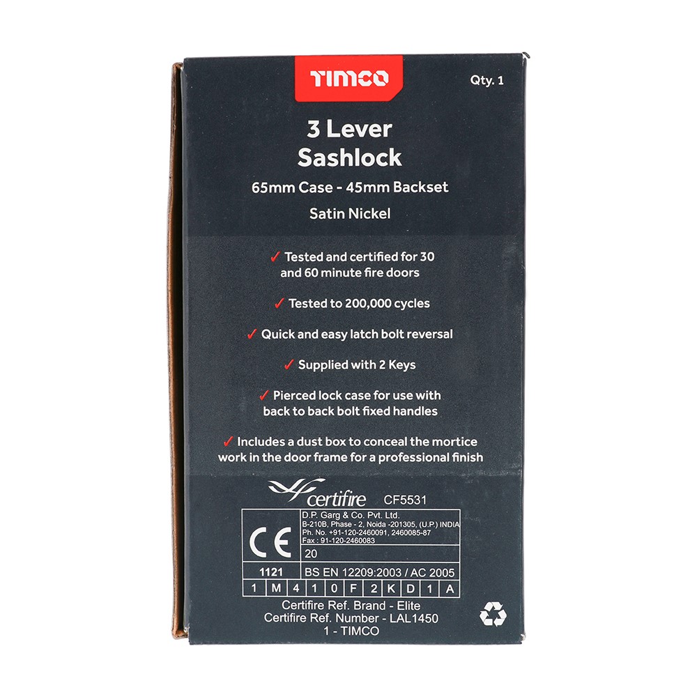 TIMCO 3 Lever Sashlock - Satin Nickel 65mm Case / 45mm Backset