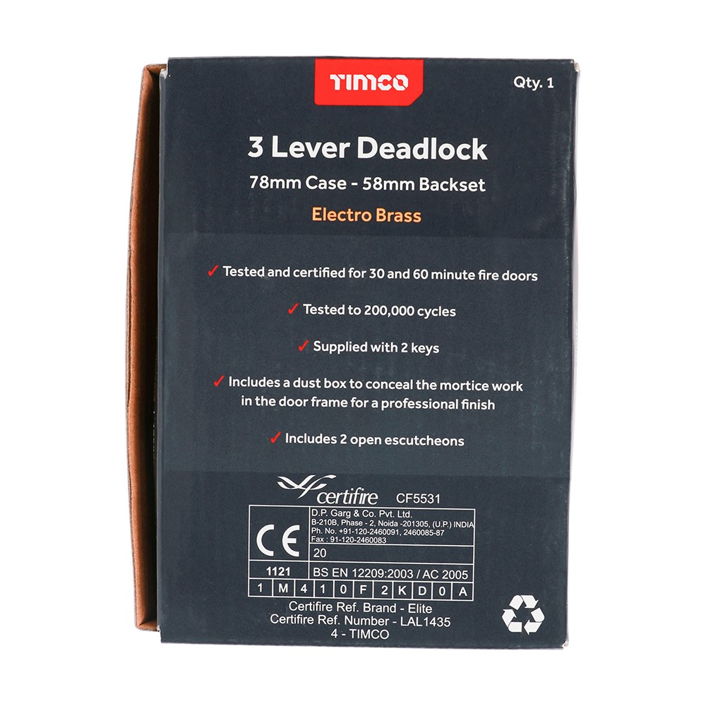 TIMCO 3 Lever Deadlock - Electro Brass 78mm Case / 58mm Backset