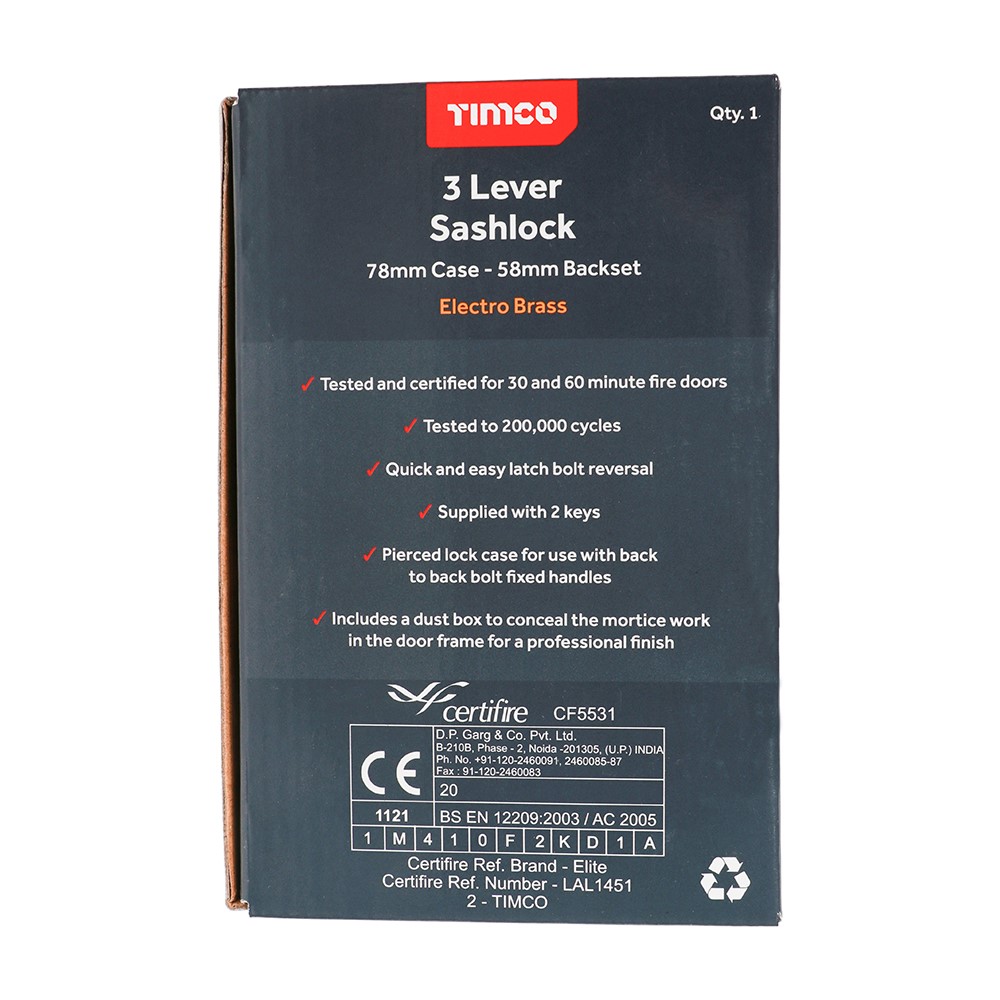 TIMCO 3 Lever Sashlock - Electro Brass 78mm Case / 58mm Backset