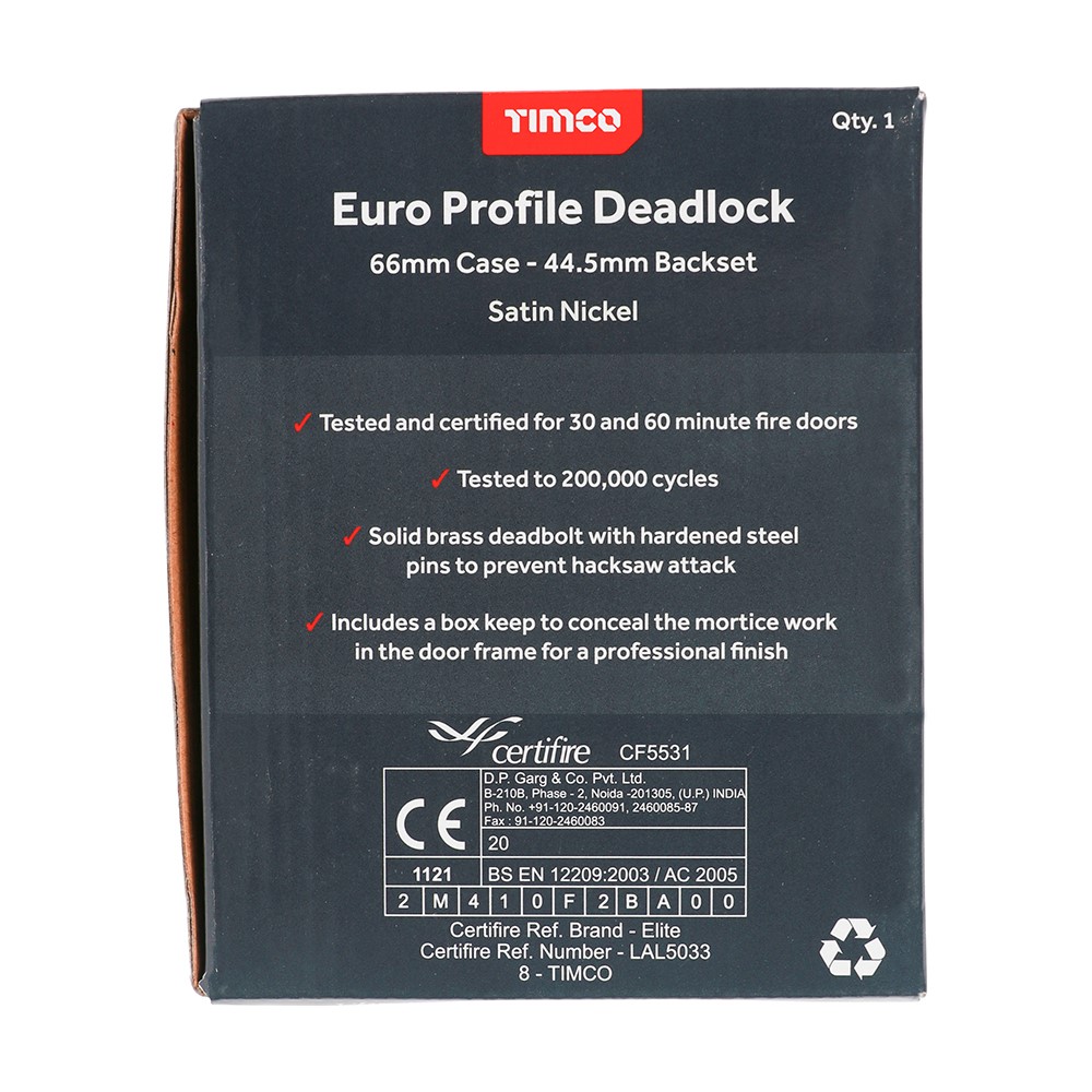 TIMCO Euro Deadlock - Satin Nickel 66mm Case / 45mm Backset