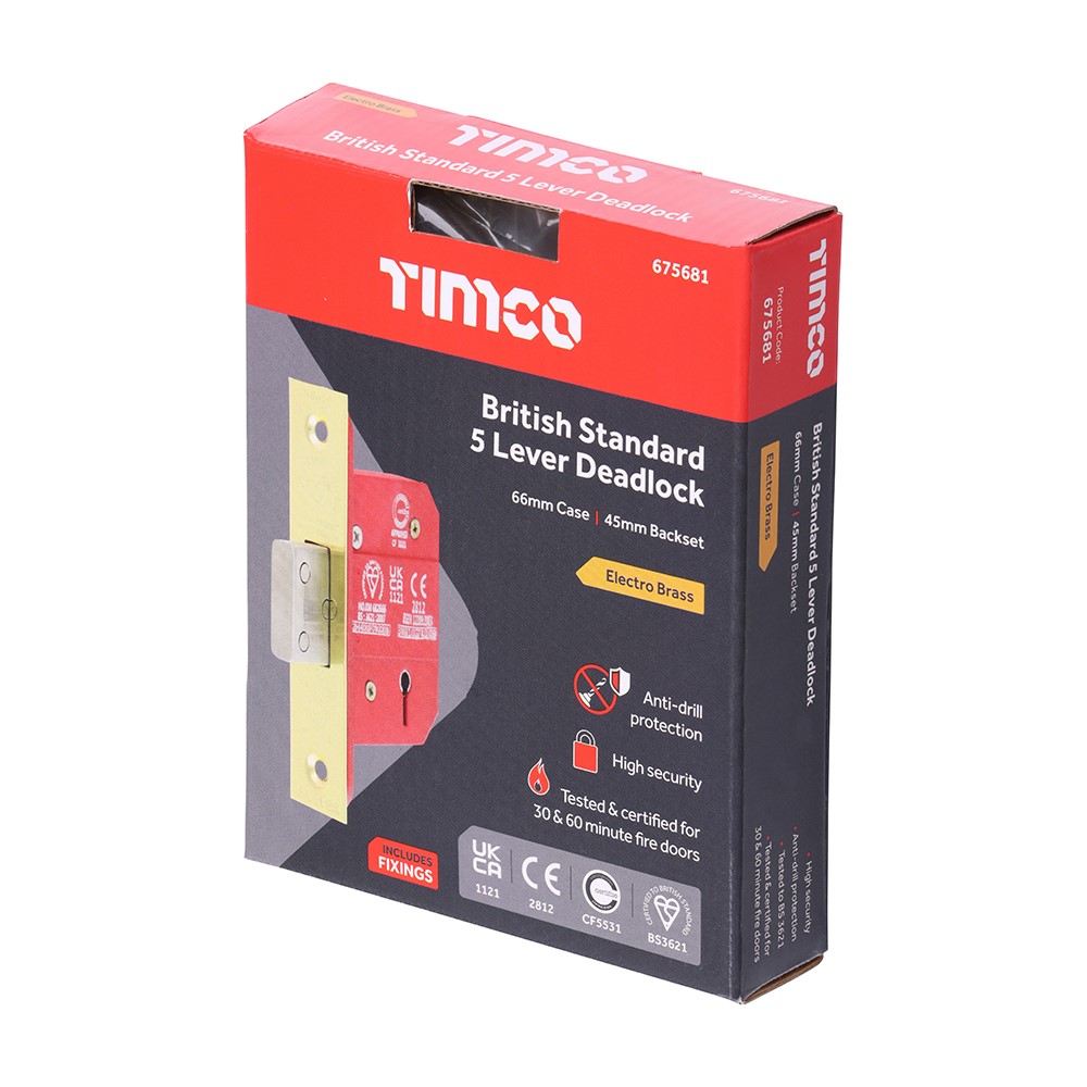 TIMCO 5 Lever BS CE Deadlock Electro Brass 66mm Case / 45mm Backset (1)