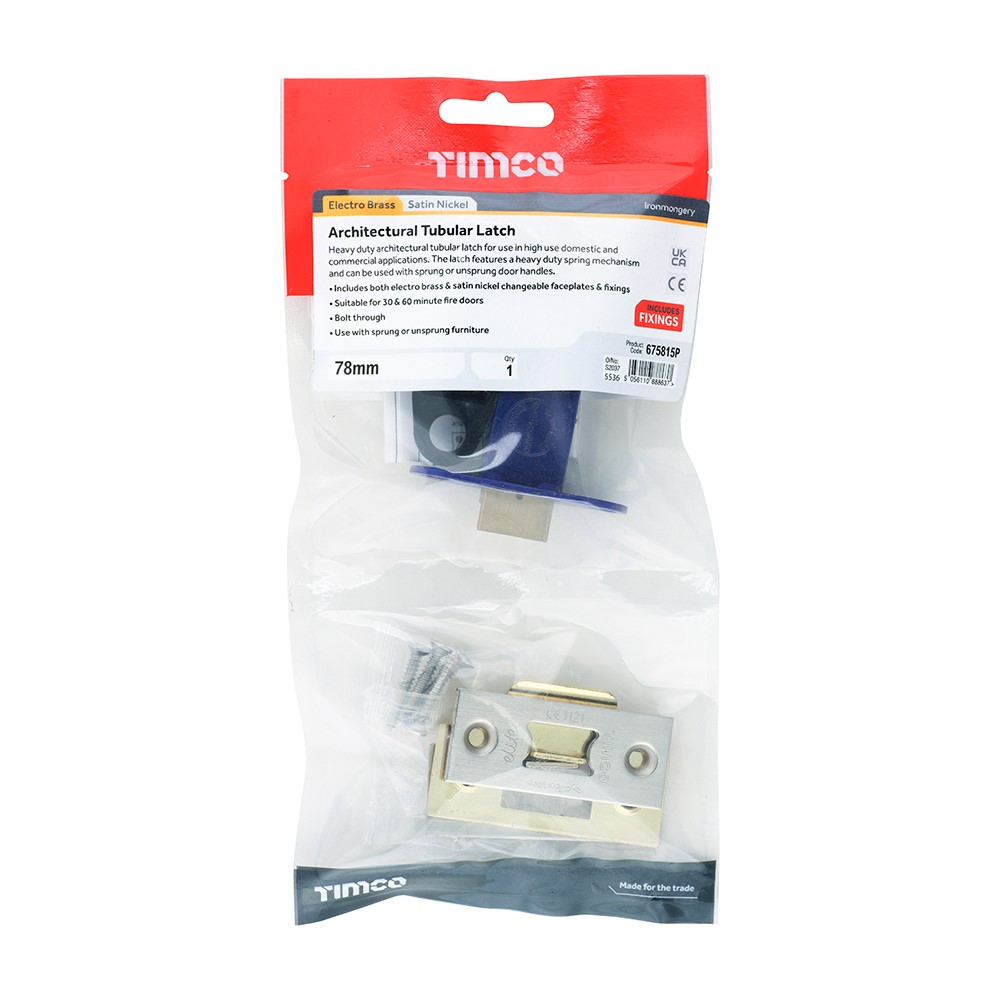 TIMCO Architectural Tubular Latch - Electro Brass & Satin Nickel 78mm Case / 57mm Backset