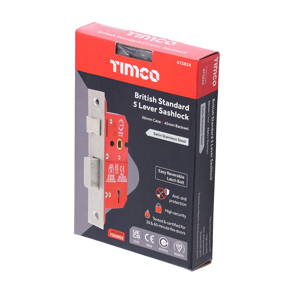 TIMCO 5 Lever BS CE Sashlock Satin Stainless Steel 66mm Case / 45mm Backset (1)