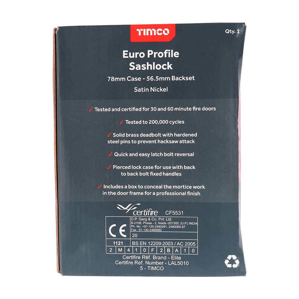 TIMCO Euro Sashlock - Satin Nickel 78mm Case / 56mm Backset