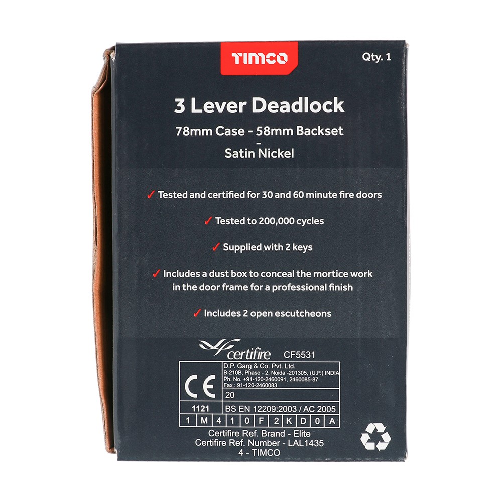 TIMCO 3 Lever Deadlock - Satin Nickel 78mm Case / 58mm Backset