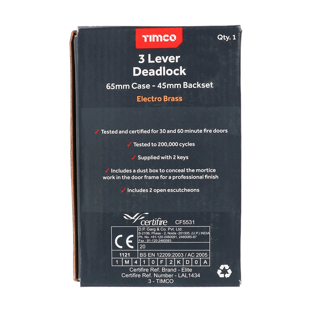 TIMCO 3 Lever Deadlock - Electro Brass 65mm Case / 45mm Backset