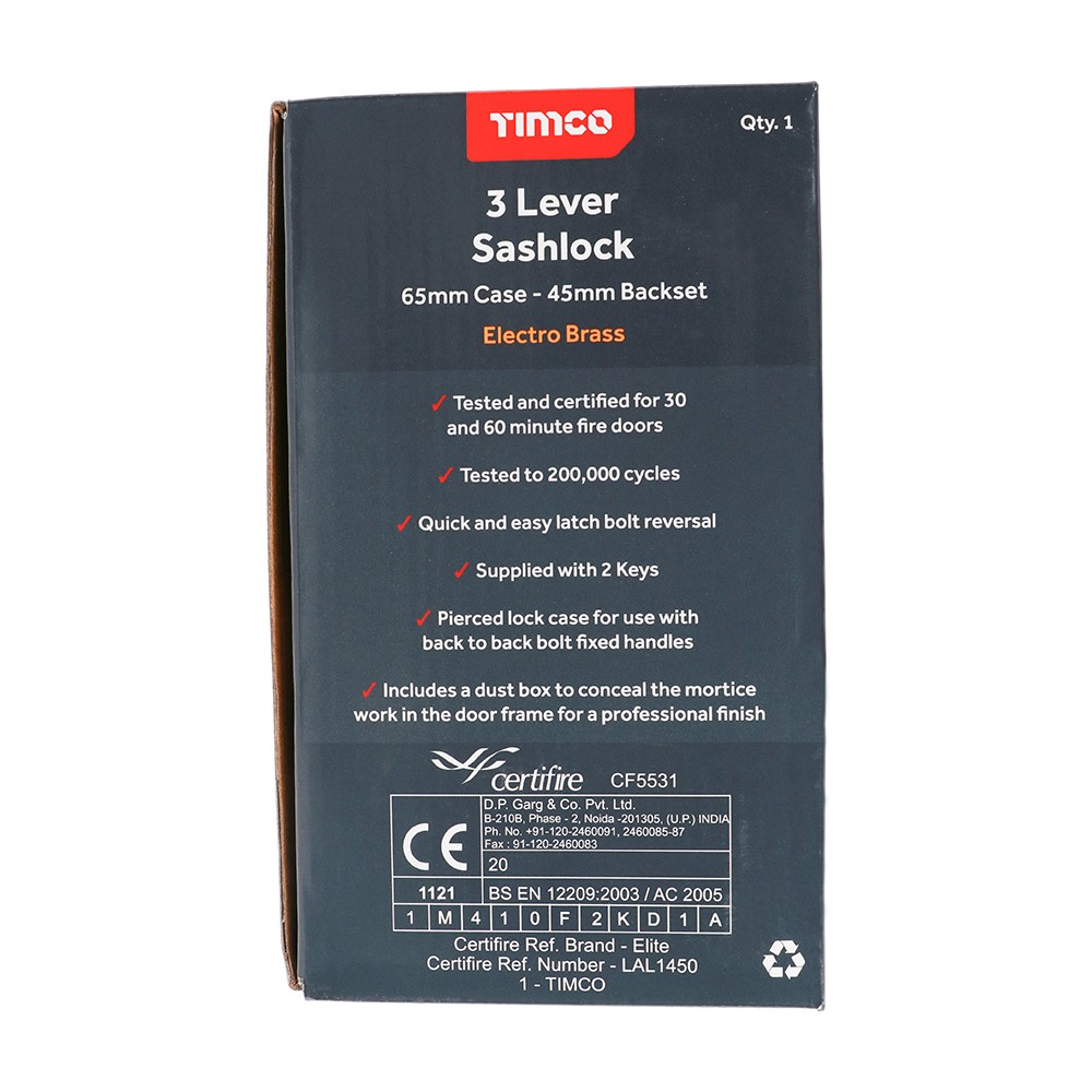 TIMCO 3 Lever Sashlock - Electro Brass 65mm Case / 45mm Backset
