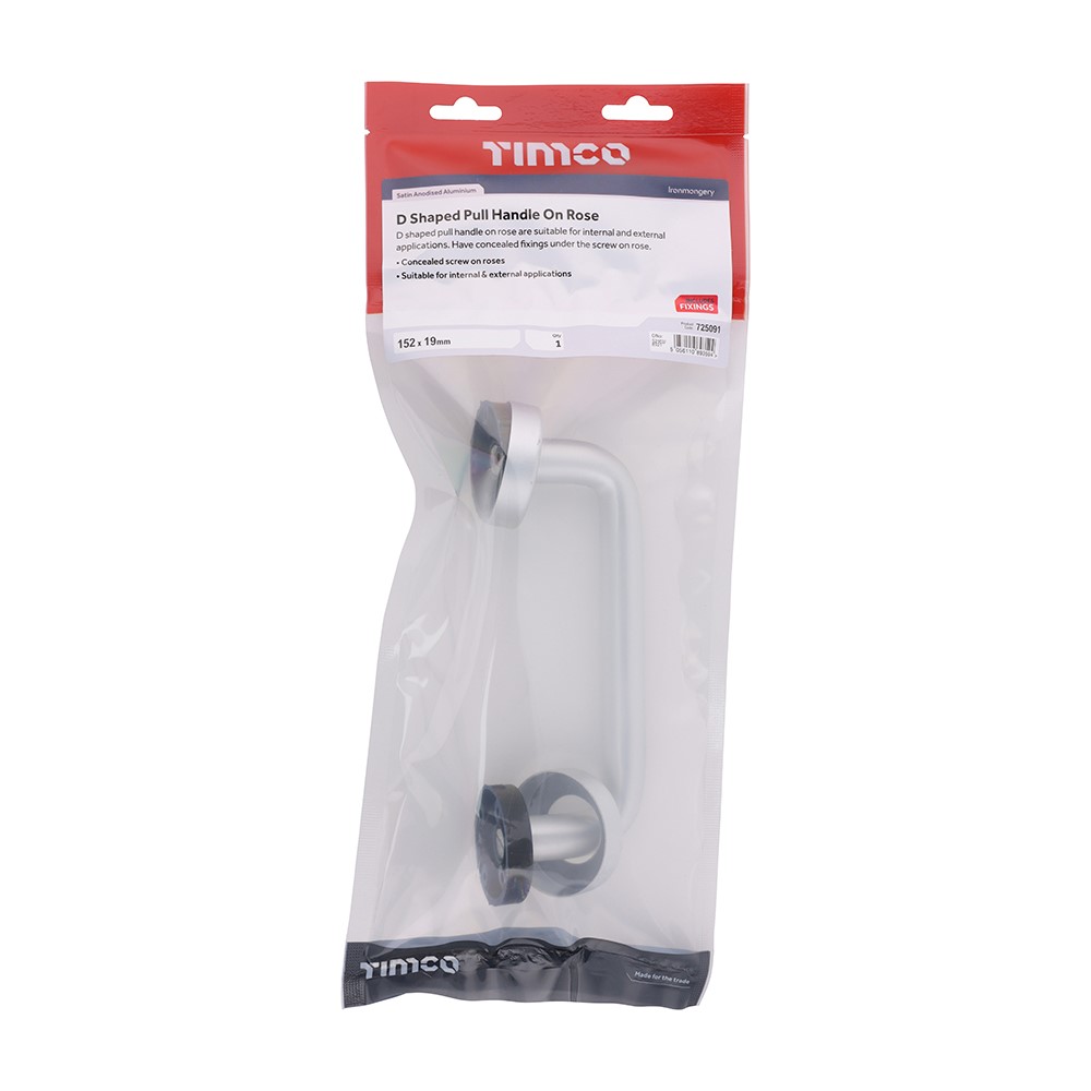 TIMCO D Shaped Pull Handle On Rose - Satin Anodised Aluminium 152 x 19mm