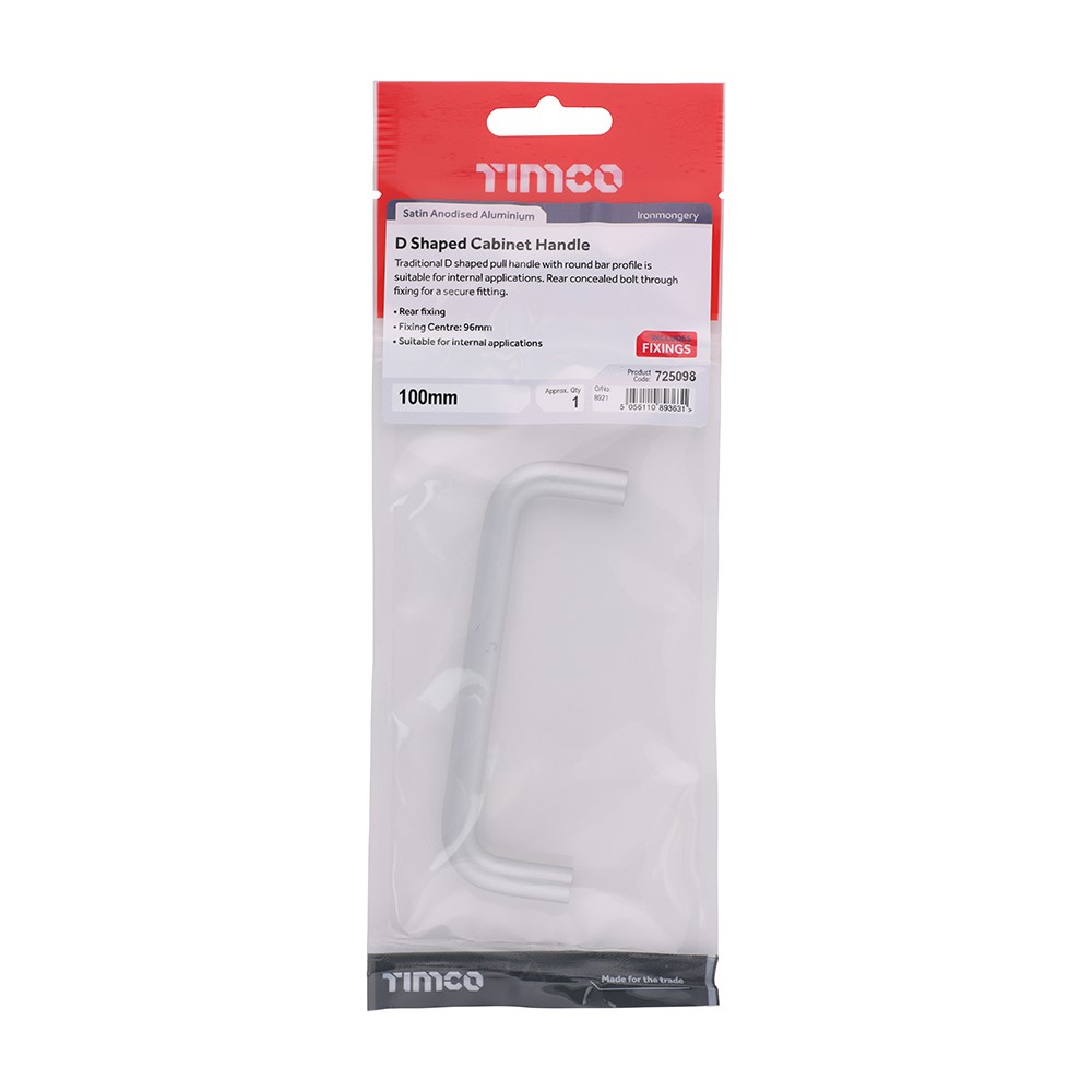 TIMCO D Shaped Cabinet Handle - Satin Anodised Aluminium 100mm