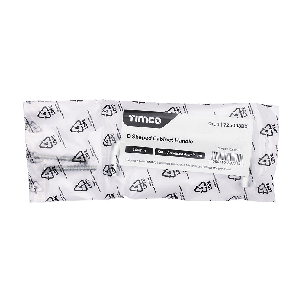 TIMCO D Shaped Cabinet Handle - Satin Anodised Aluminium 100mm