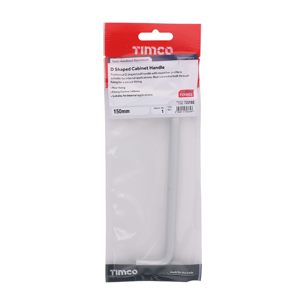 TIMCO D Shaped Cabinet Handle - Satin Anodised Aluminium 150mm