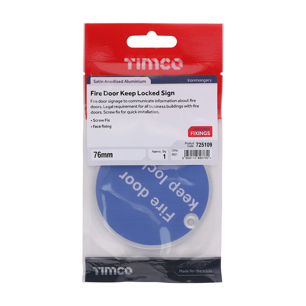 TIMCO Fire Door Keep Locked Sign - Satin Anodised Aluminium 76mm