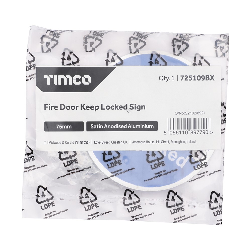 TIMCO Fire Door Keep Locked Sign - Satin Anodised Aluminium 76mm