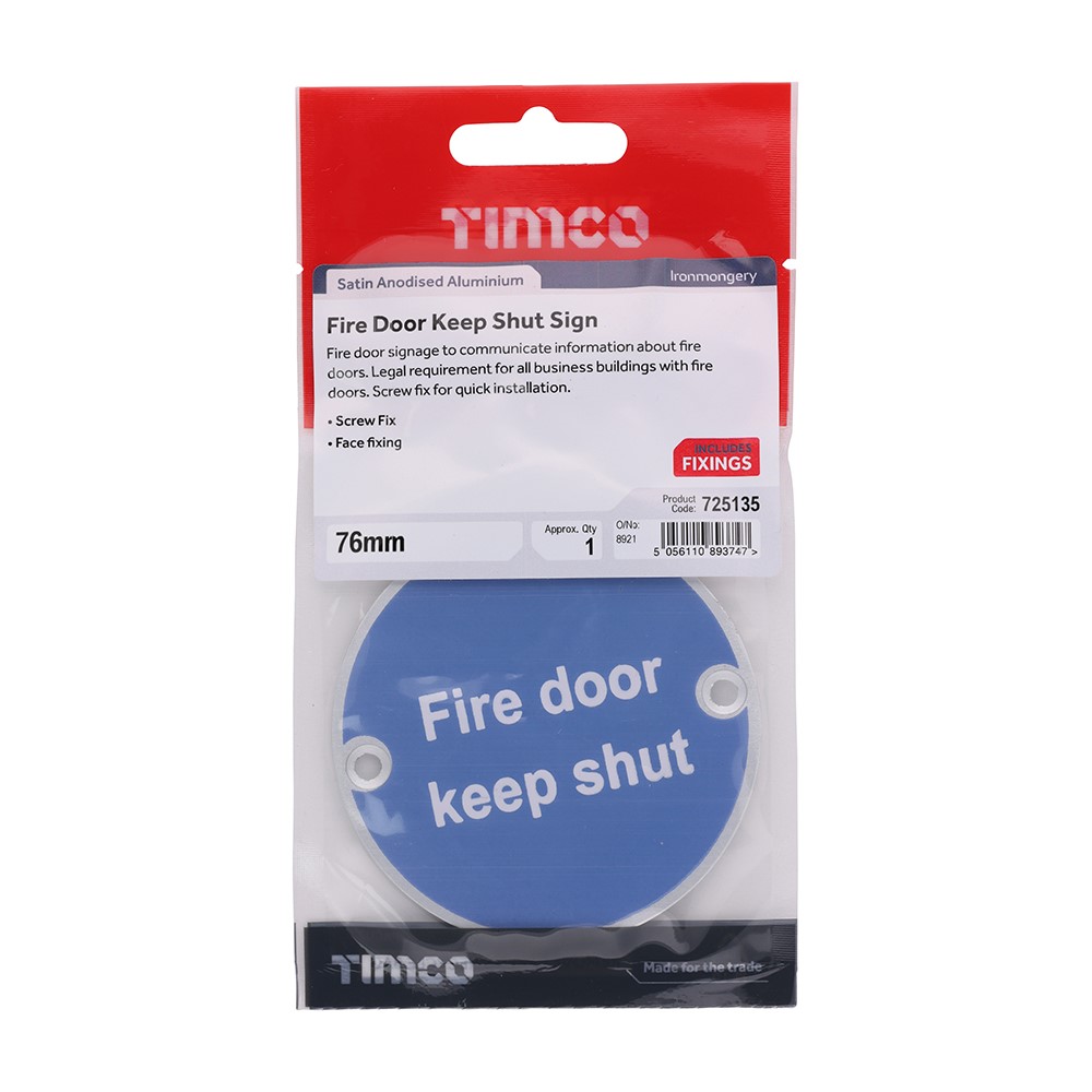 TIMCO Fire Door Keep Shut Sign - Satin Anodised Aluminium 76mm