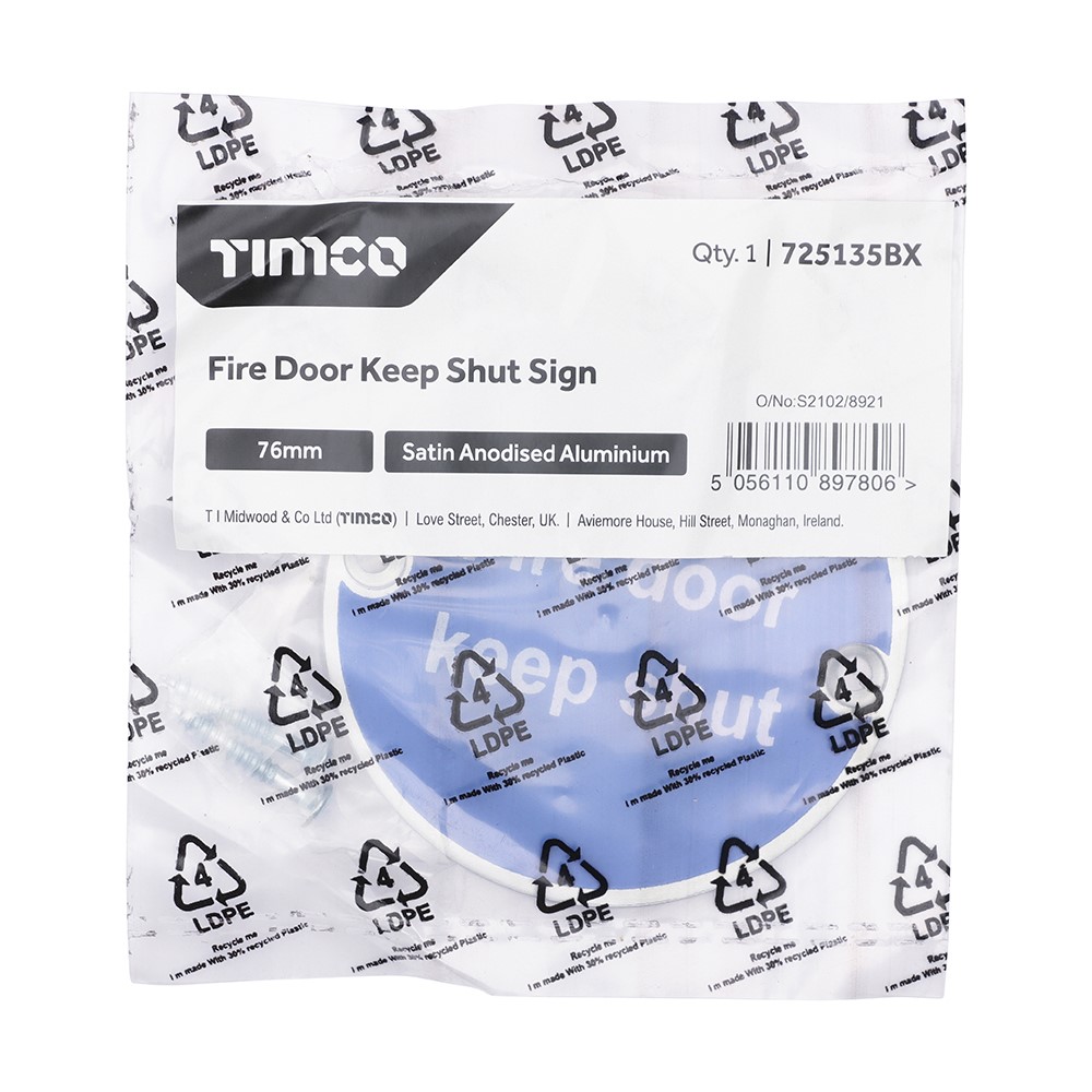 TIMCO Fire Door Keep Shut Sign - Satin Anodised Aluminium 76mm