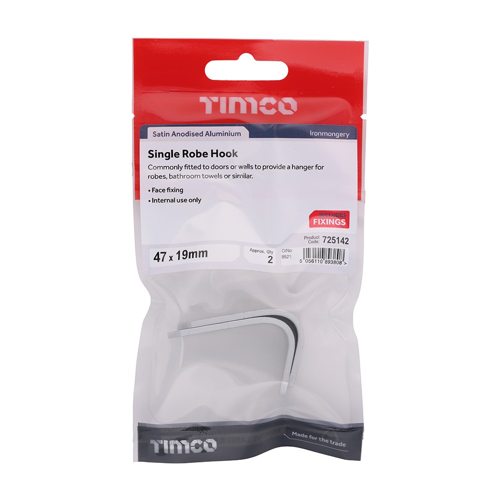 TIMCO Single Robe Hook - Satin Anodised Aluminium 47 x 19mm (2)