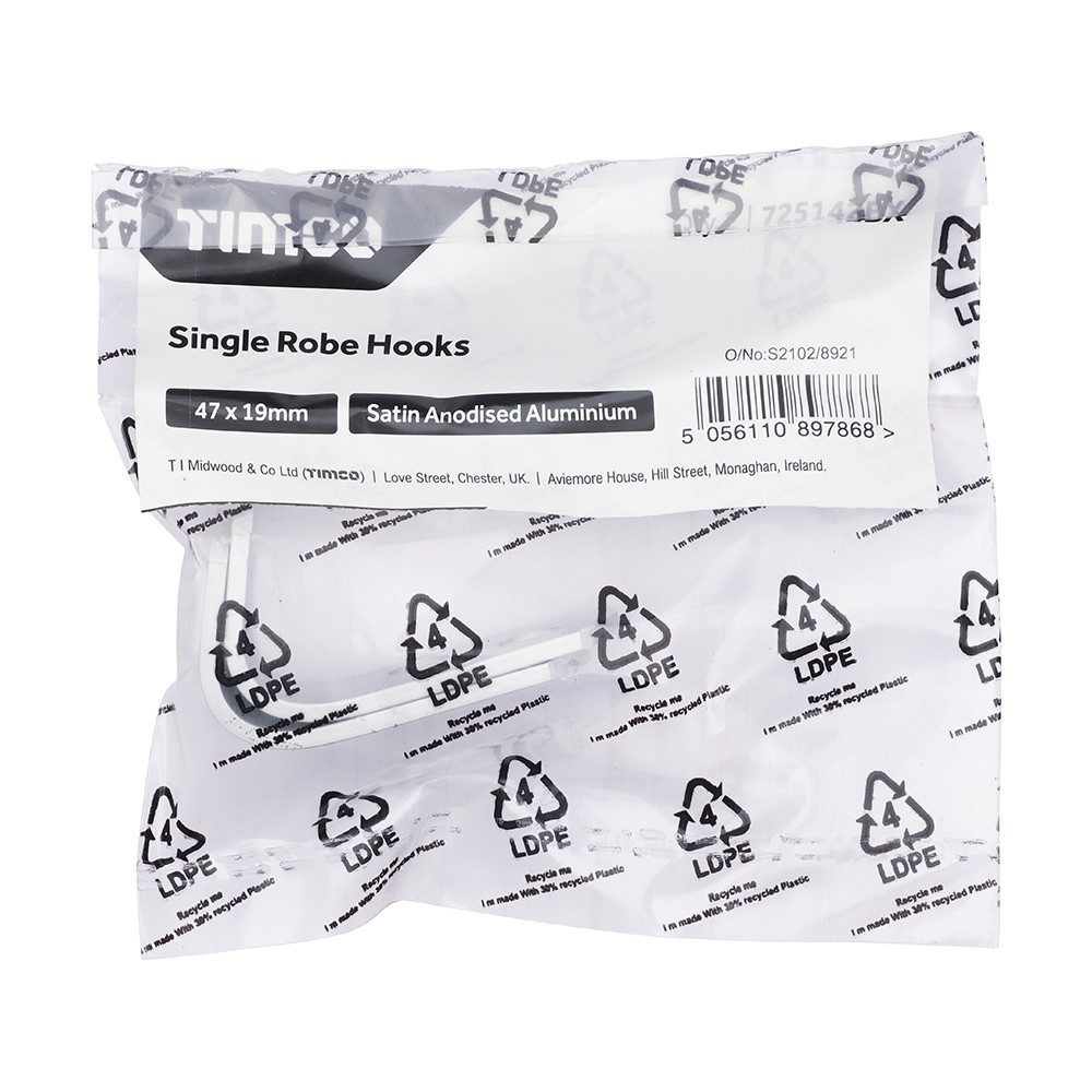 TIMCO Single Robe Hook - Satin Anodised Aluminium 47 x 19mm (2)