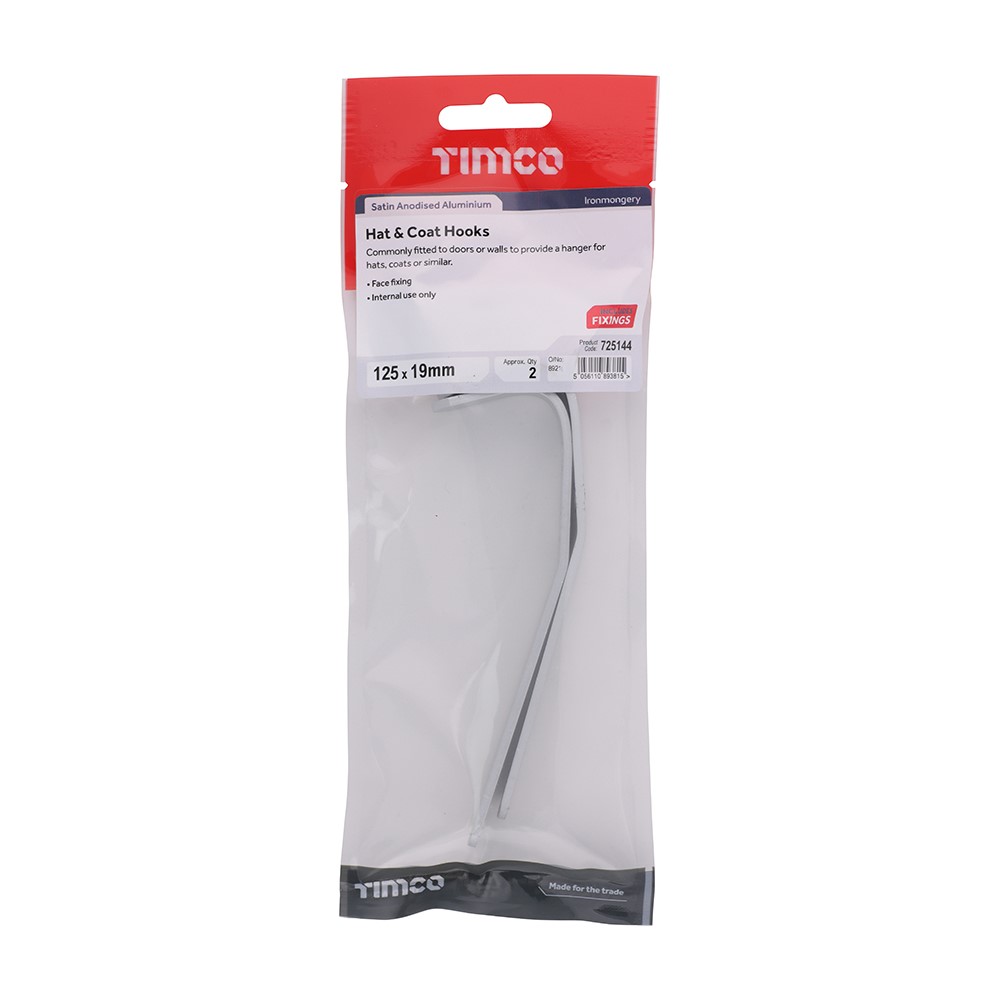 TIMCO Hat & Coat Hooks - Satin Anodised Aluminium 125 x 19mm (2)