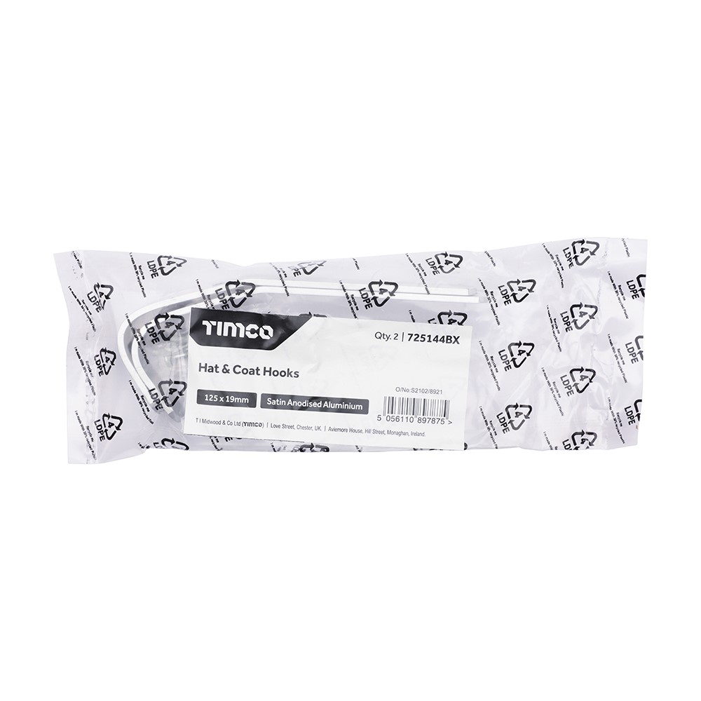 TIMCO Hat & Coat Hooks - Satin Anodised Aluminium 125 x 19mm (2)