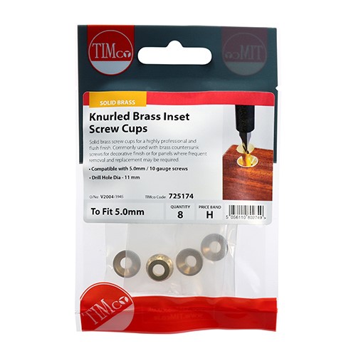 TIMCO Knurled Inset Screw Cups - Solid Brass to Fit 4.8, 5.0mm Screw (8 Pack)