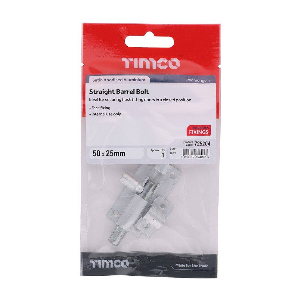 TIMCO Straight Barrel Bolt - Satin Aluminium 50 x 25mm