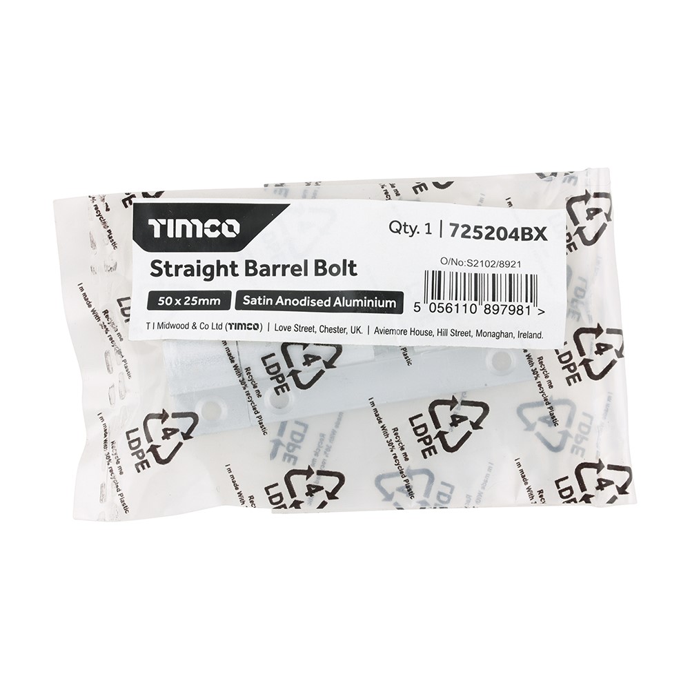 TIMCO Straight Barrel Bolt - Satin Anodised Aluminium 50 x 25mm