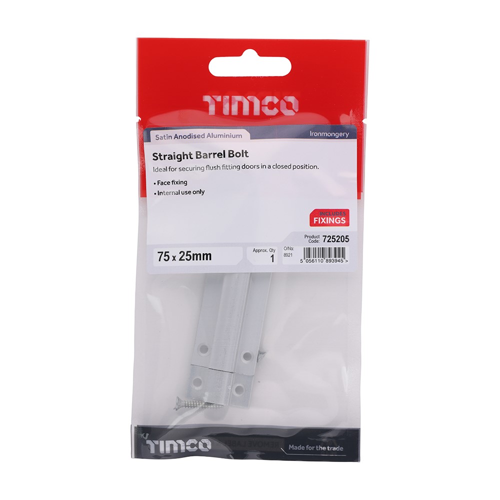 TIMCO Straight Barrel Bolt - Satin Aluminium 75 x 25mm