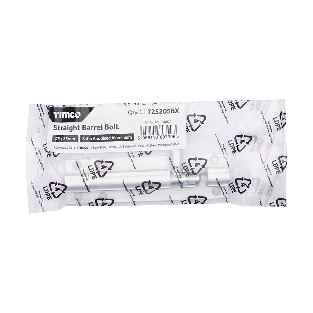 TIMCO Straight Barrel Bolt - Satin Anodised Aluminium 75 x 25mm