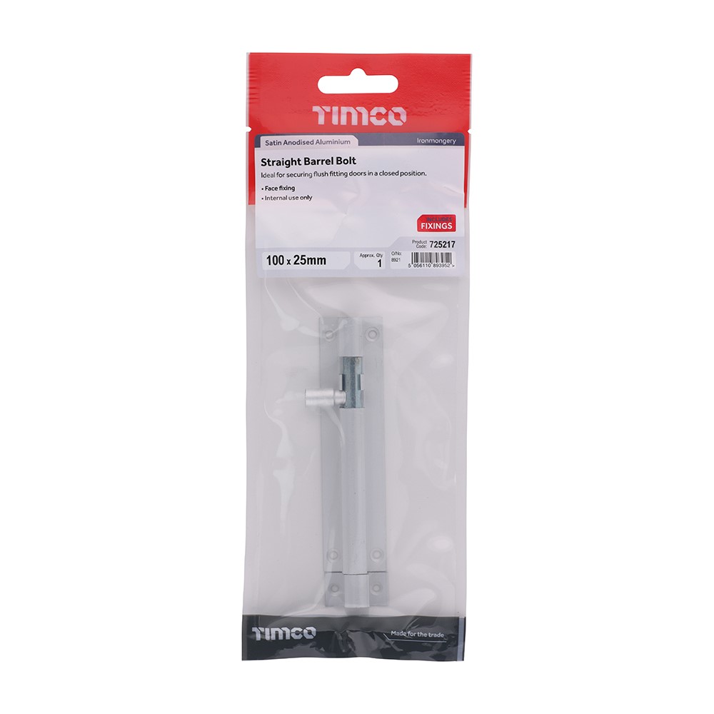 TIMCO Straight Barrel Bolt - Satin Aluminium 100 x 25mm