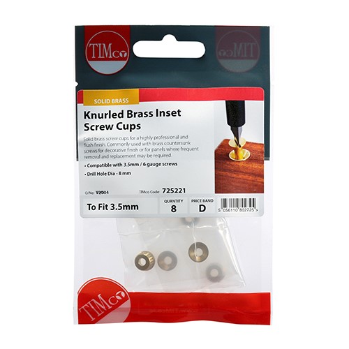 TIMCO Knurled Inset Screw Cups - Solid Brass to Fit 3.5mm Screw (8 Pack)