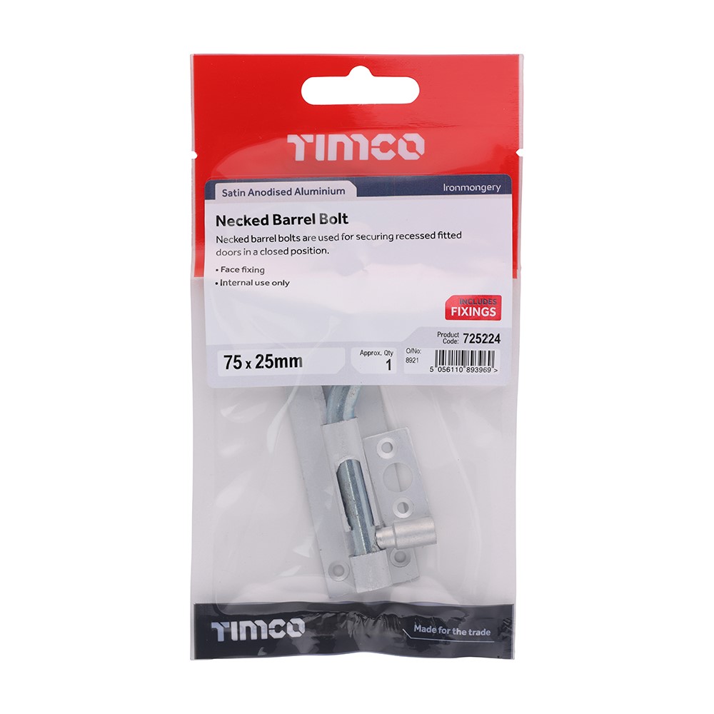 TIMCO Necked Barrel Bolt - Satin Anodised Aluminium 75 x 25mm