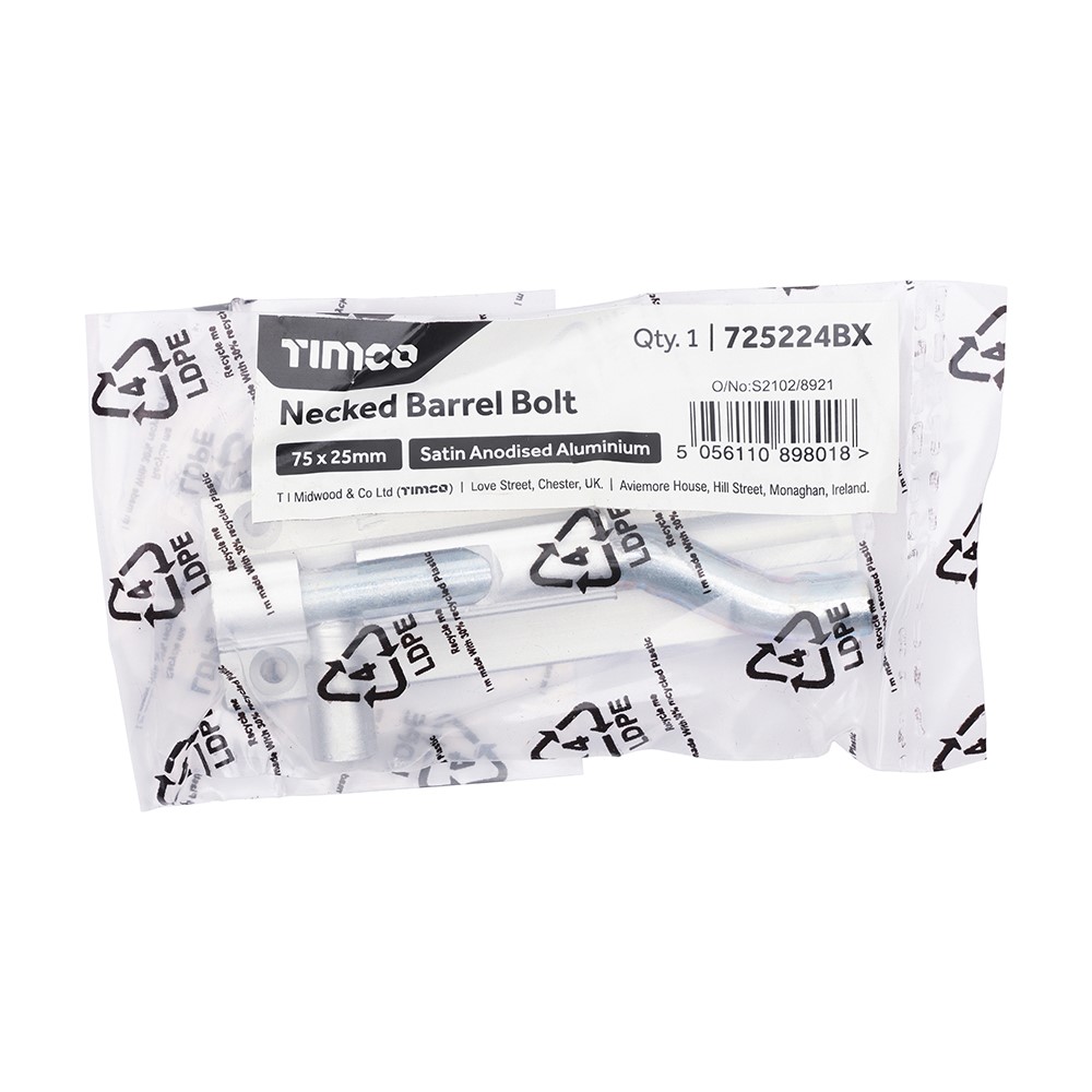 TIMCO Necked Barrel Bolt - Satin Anodised Aluminium 75 x 25mm