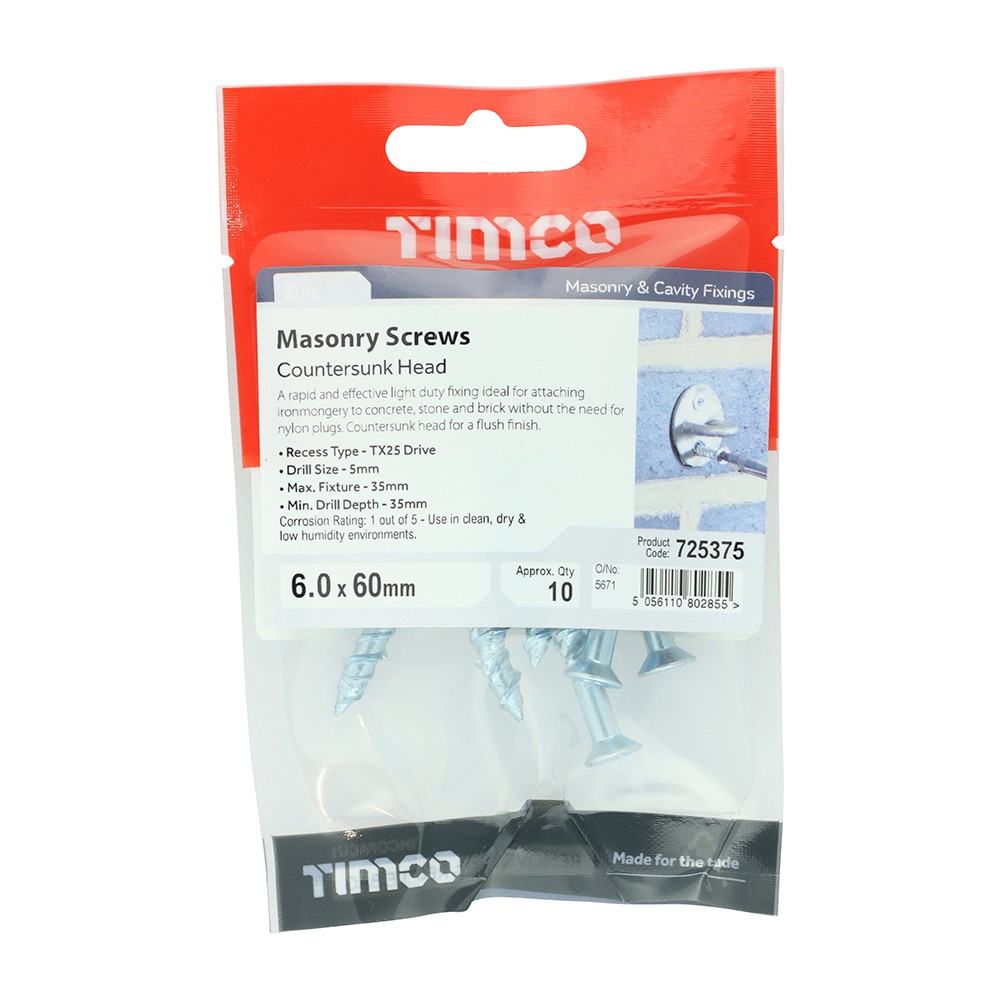 TIMCO Masonry Screws - TX - Countersunk - Zinc 6.0 x 60mm (10)