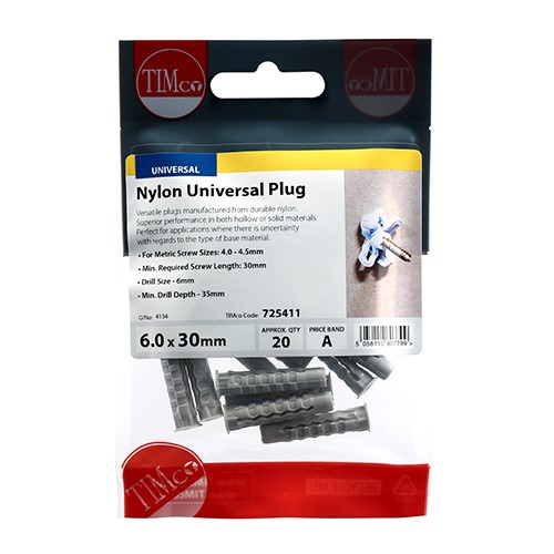 TIMCO Nylon Universal Plugs 6.0 x 30mm (20 Pack)