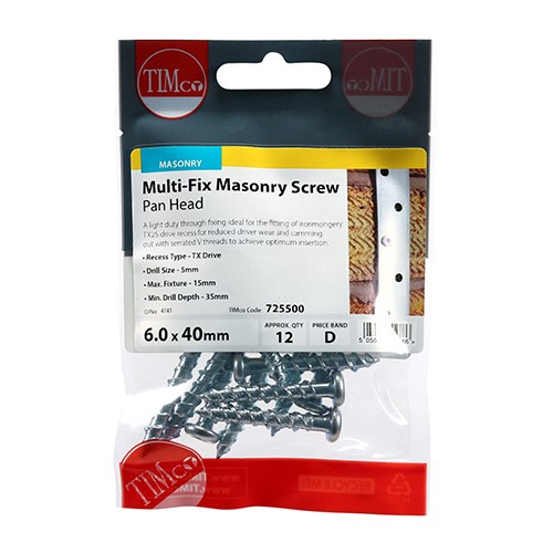 TIMCO Masonry Screws - TX - Pan - Zinc 6.0 x 40mm (12)