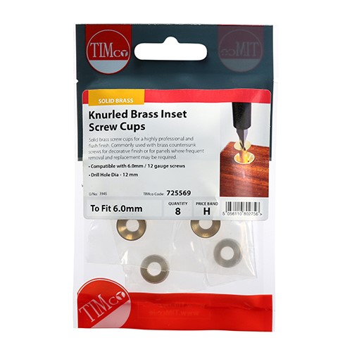 TIMCO Knurled Inset Screw Cups - Solid Brass to Fit 5.5, 6.0mm Screw (8 Pack)