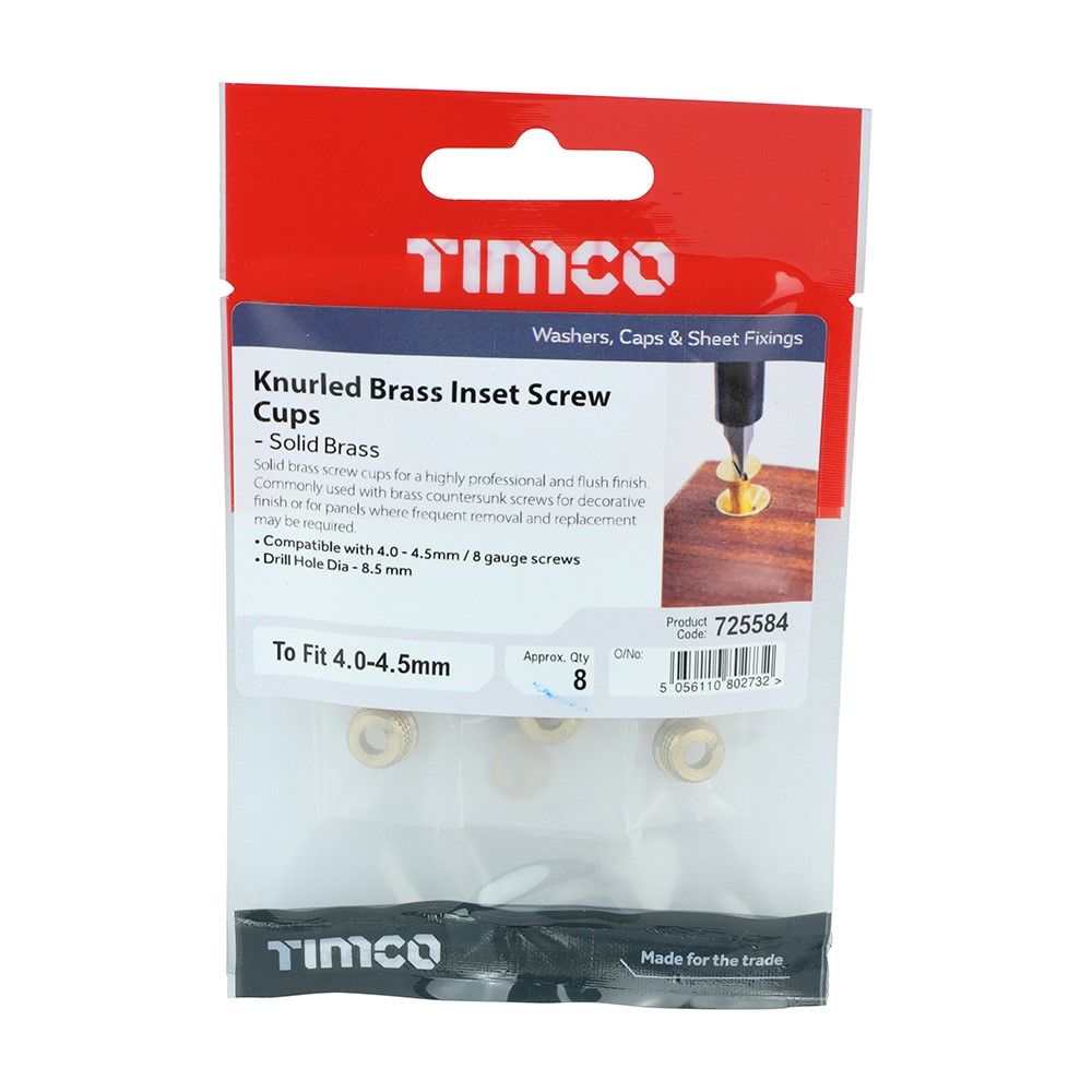 TIMCO Knurled Inset Screw Cups - Solid Brass to Fit 4.0, 4.2, 4.5mm Screw (8 Pack)