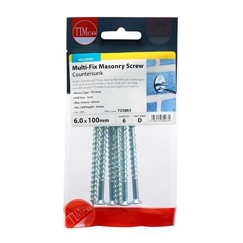 TIMCO Masonry Screws - TX - Countersunk - Zinc 6.0 x 100mm (6)
