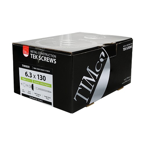 TIMCO Metal Construction Fibre Cement Board to Light Section Screws - Hex - BAZ Washer - Slash Point - Exterior - Silver Organic 6.3 x 130mm (50 Pack)