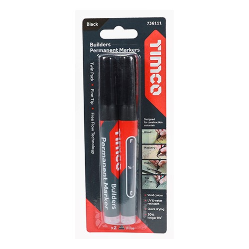 TIMCO Builders Permanent Markers - Fine Tip - Black Fine Tip (2 Pack)