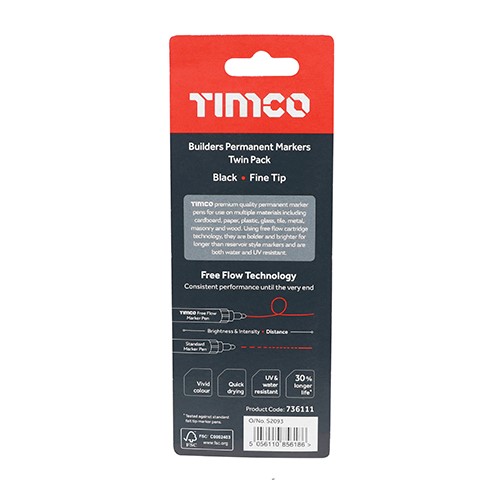 TIMCO Builders Permanent Markers - Fine Tip - Black Fine Tip (2 Pack)