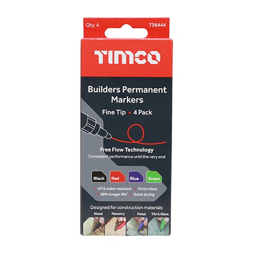 TIMCO Builders Permanent Markers - Fine Tip - Mixed Colours Fine Tip (4 Pack)