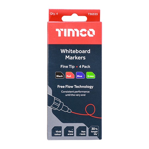 TIMCO Whiteboard Markers - Fine Tip - Mixed Colours Fine Tip Four Pack (4 Pack)